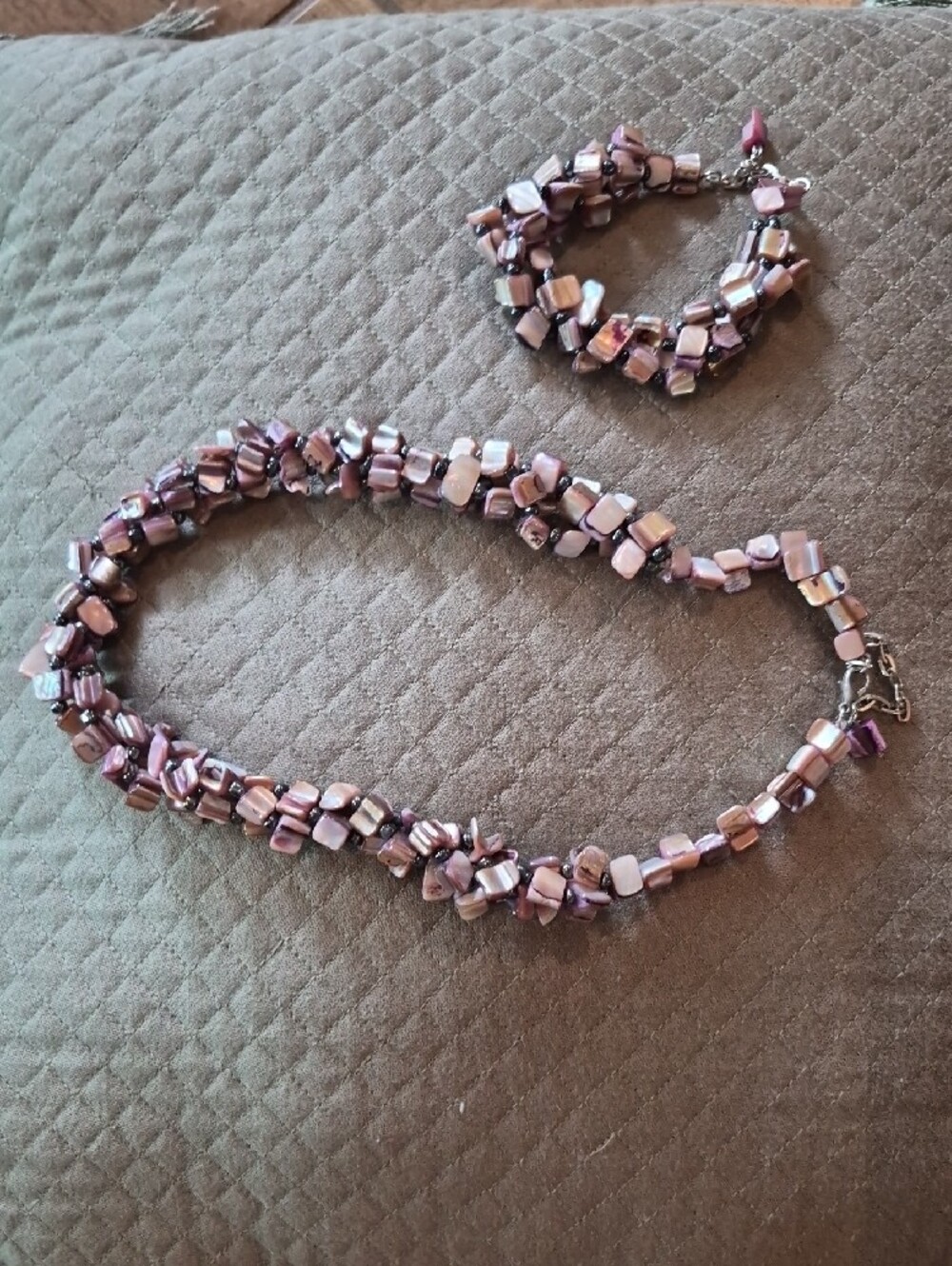 2PC Multi-Strand Bead Necklace & Bracelet, Purple Pearl Taupe